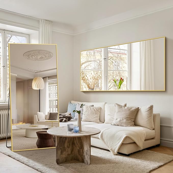 Full Length Mirror, 75"x35" Rectangle Standing Floor Full Body Mirror for Wall with Aluminum Alloy Frame for Bedroom, Living Room, Dressing Room(Gold)