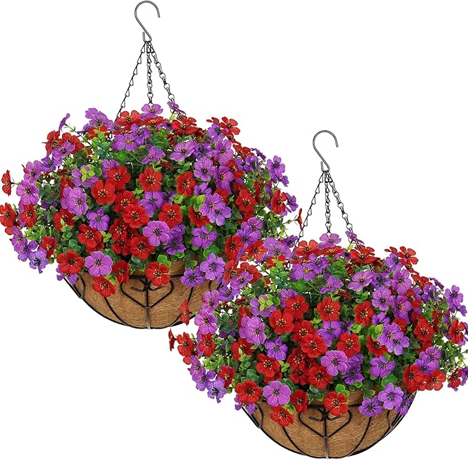 Alynsehom 2 Set Artificial Flowers with Hanging Basket, 2 Outdoor Hanging Plants with 24pcs Faux UV Resistant Fake Silk Azalea in Baskets for Porch Garden Patio Balcony Yard Home Decor (Purple Red)