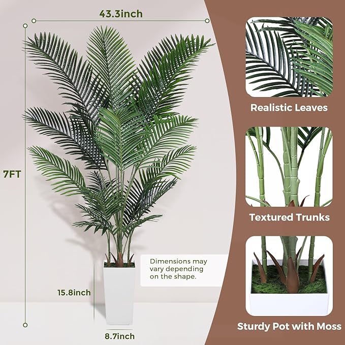 Artificial Areca Palm Tree 7FT Fake Potted Plant Faux Silk Tropical Areca Palm Real Bark Design, Large Artificial Plant in Tall White Pot for Home Living Room House Warming Floor Decor
