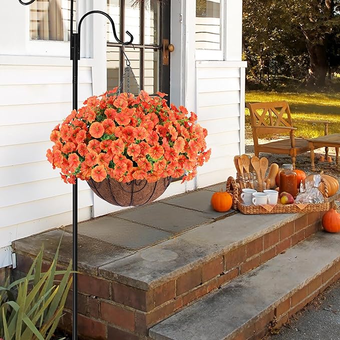 Artificial Fall Hanging Flower Plants Basket for Outdoors, Fake Flowers 12 Bundles Faux Silk Morning Glory for Planter Realistic UV Resistant Artificial Flowers for Outside Porch Garden Patio, Orange