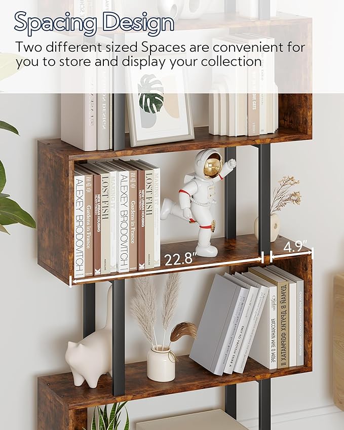 Yusong Geometric Bookcase, S Shaped Bookshelf 6-Tier Book Shelves for Bedroom, Modern Wood Decorative Display Shelf Tall Book Case for Home Office, Bown and Black