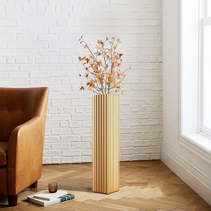 Tall Floor Vase 27.5 Inch Gold Resin Modern Elegant Vase for Entryway Fireplace Decor Lightweight Rectangle Skinny Narrow Centerpiece Sturdy