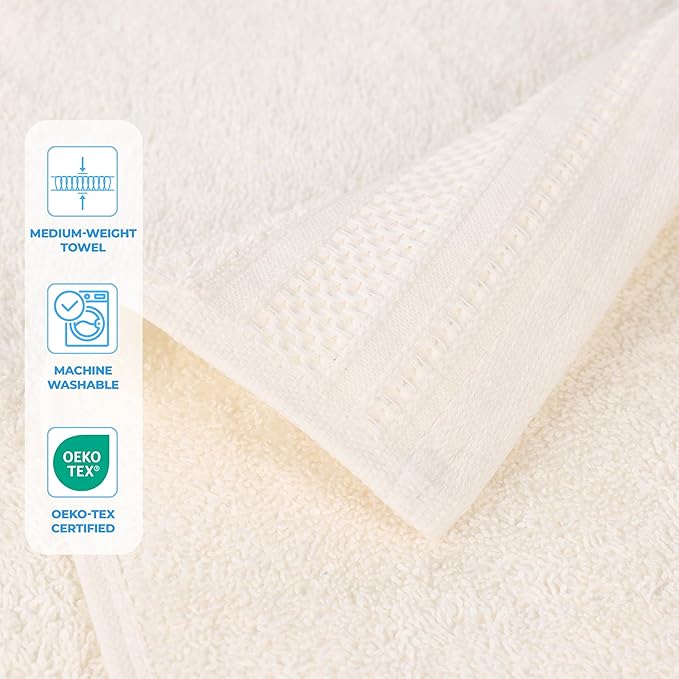 Superior Honeycomb Cotton Medium Weight Towels, for Guest Bath, Master Bathroom, Shower, Quick Dry, Adults, Home Essentials, Textured Waffle Border, Assorted Towel Set, 12 Piece Face Towel Set, Ivory