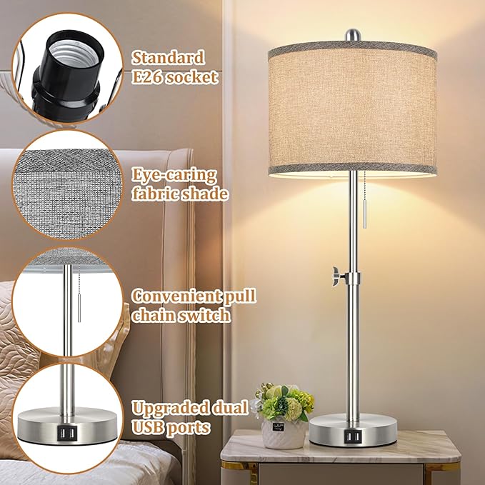 Silver Table Lamps Set of 2 for Living Room Bedroom, 23''-30'' Adjustable Height Bedside Lamps with 2 USB Ports, Industrial Nickle Nightstand Lamps with Grey Shade, Modern Lamp Sets for Home Office