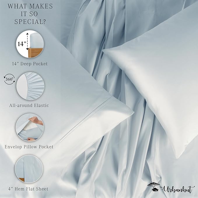 URBANHUT 700 Thread Count Twin Size Egyptian Cotton Sheets, 4Pc Sheet Set Soft Luxury Bed Sheets for Twin Size Bed, Sateen Weave Hotel Sheets, 14'' Elasticized Deep Pocket - Light Blue.