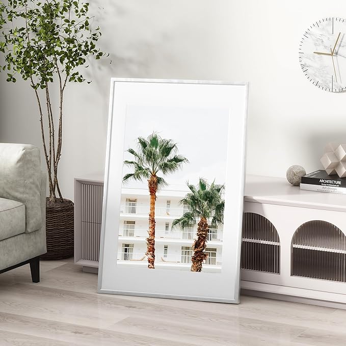 16x24 inch Metal Poster Frame - 16 x 24 Thin Aluminum Picture Frames Matted for 12x18 Photos, Artworks, Prints, Puzzle - High Definition Plexiglass - Vertical and Horizontal Display - Wall Hook Hanging Hardware Included - Silver, 4 Pack