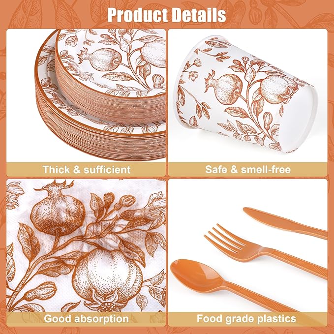 400 Pieces Fall Vintage Pomegranate Disposable Party Tableware Sets Including Orange Floral Plates Cups Napkins Cutlery Serves 50 for Thanksgiving Wedding Baby Shower Party Decorations