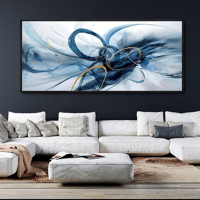 XLSJERST Extra Large Size Abstract Wall Decor Living Room - Modern Canvas Wall Art Blue and White Picture Artwork for Office Bedroom Home Decoration