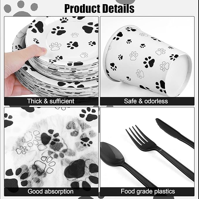 400 Pieces Black Paw Disposable Party Tableware Sets Dog Puppy Supplies Including Plates Cups Napkins Cutlery Serves 50 for Birthday Puppy Theme Party Decorations