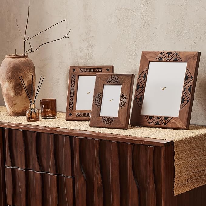 8x10inch 100% Solid American Walnut Picture Frame, Wall Mounting/Tabletop, Photo Poster Collage Wood Frames for Art Gallery Home Decor, Horizontal/Vertical Display, African Pattern, 1 Pack