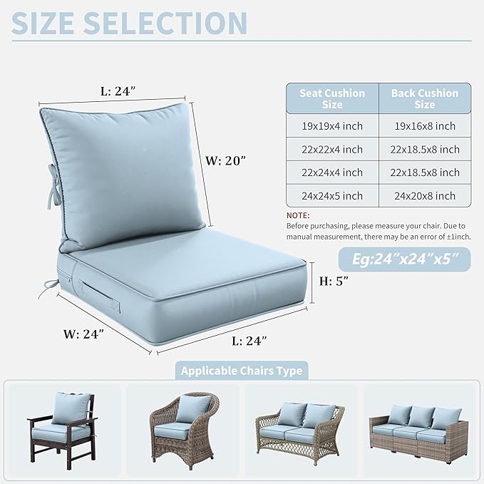 Premium Outdoor Seat Cushion Chair Cushions for Patio Furniture 24 L X 24 W X 5 H Waterproof & Fade Resistant Deep Seat and Backrest Cushion Set with Removable Covers for Chair, Sofa