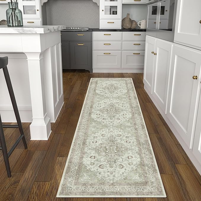 vivorug Runner Rug 2'x8' Vintage Floral Washable Non-Slip Runners for Hallways Kitchen Entryway Laundry Room Carpet Hallway Runner Sage Green