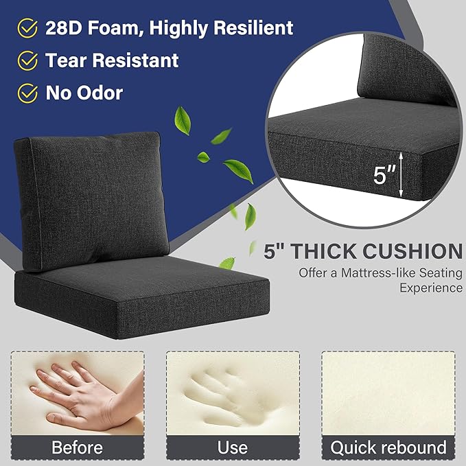 UIXE 24.5" Deep Seat Outdoor Cushion Set with Back Pillows, Patio Furniture Cushions, Sectional Sofa Bistro Chair Cushion - Dark Gray, Set of 6