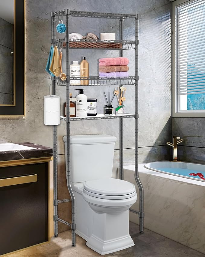 Over The Toilet Storage, 4-Tier Over Toilet Shelf Organizer Metal Storage Rack Freestanding Bathroom Space Saver with Adjustable Shelves and Baskets, Gray
