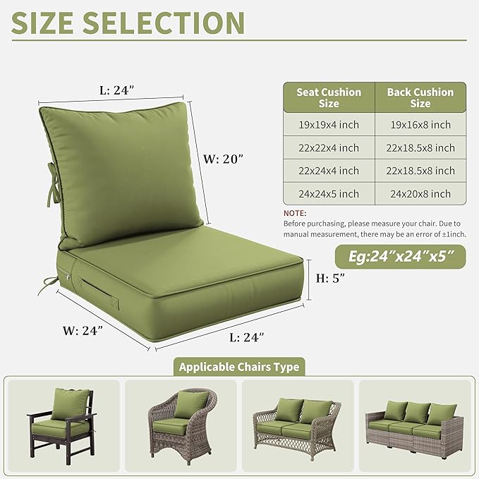 Premium Outdoor Seat Cushion Chair Cushions for Patio Furniture 24 L X 24 W X 5 H Waterproof & Fade Resistant Deep Seat and Backrest Cushion Set with Removable Covers for Chair, Sofa