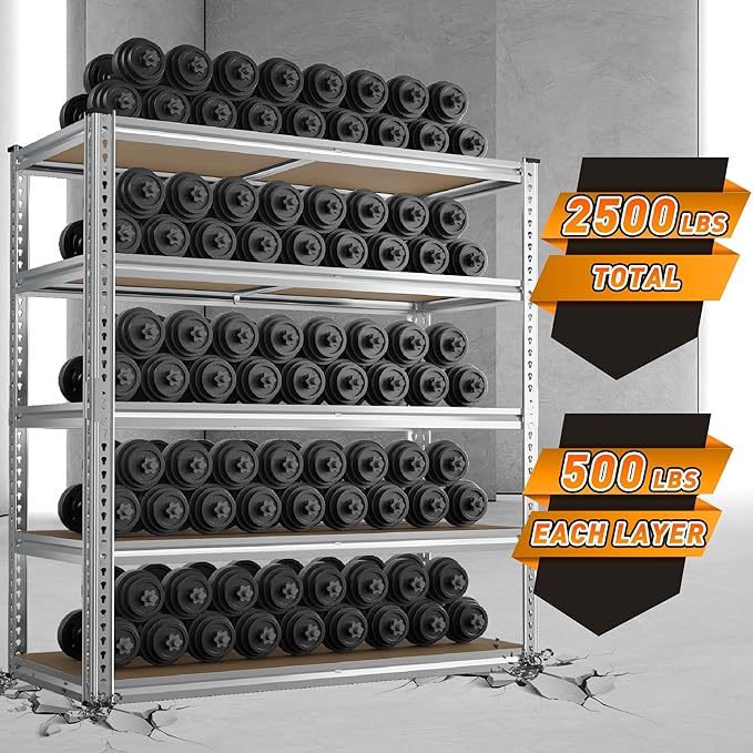 REIBII 40" W Garage Shelving 2500LBS Storage Shelves Adjustable Metal Shelving 5 Tier Pantry Shelves for Garage Closet Kitchen Basement 40" W x 19.7''D x 72''H, Silver