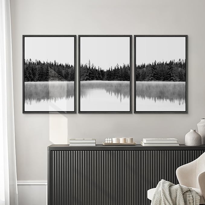 SIGNWIN 3 Piece Framed Canvas Wall Art Woodland Nursery Decor Black and White Forest with Lake Nature Abstract Traditional Home Artwork Decoration for Living Room,Bedroom - 24"x36"x3 Black