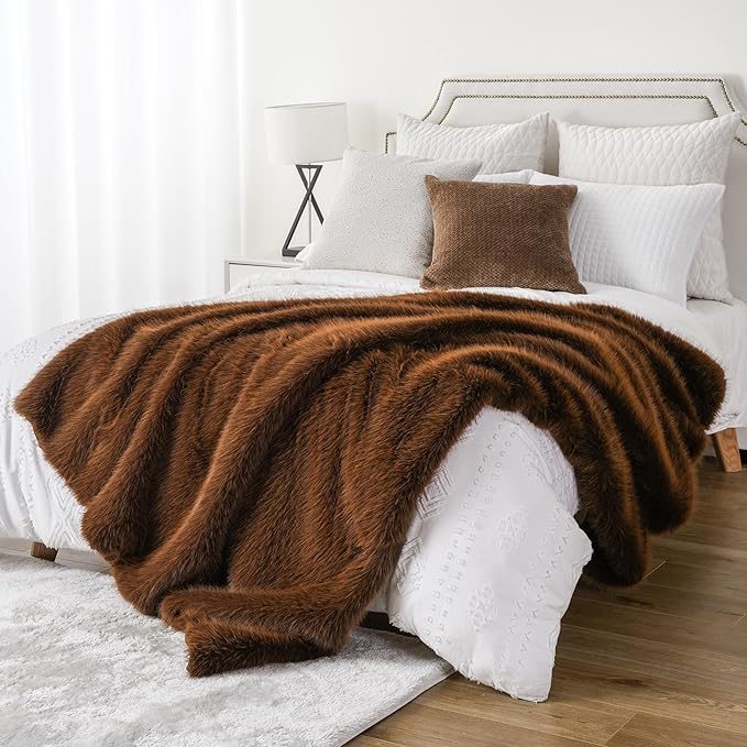 BATTILO HOME Luxury Fluffy Faux Fur Throw Blanket, Large Golden Brown Fake Fur Blanket for Bed, Sofa, Chair, Bed, Silky Elegant Fuzzy Fur Throws with Long Pile, 60"x80"