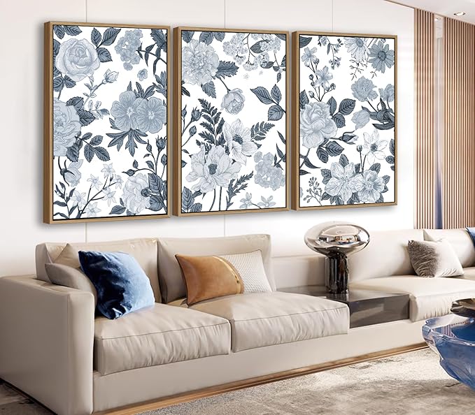 Large Framed Canvas Wall Art - Natural Float Framed Rustic Grey White Flowers Pictures Decor Gray Blue Leaves Artwork Prints for Bedroom Living Room Kitchen Home Office Decoration 60" X 28" Set of 3