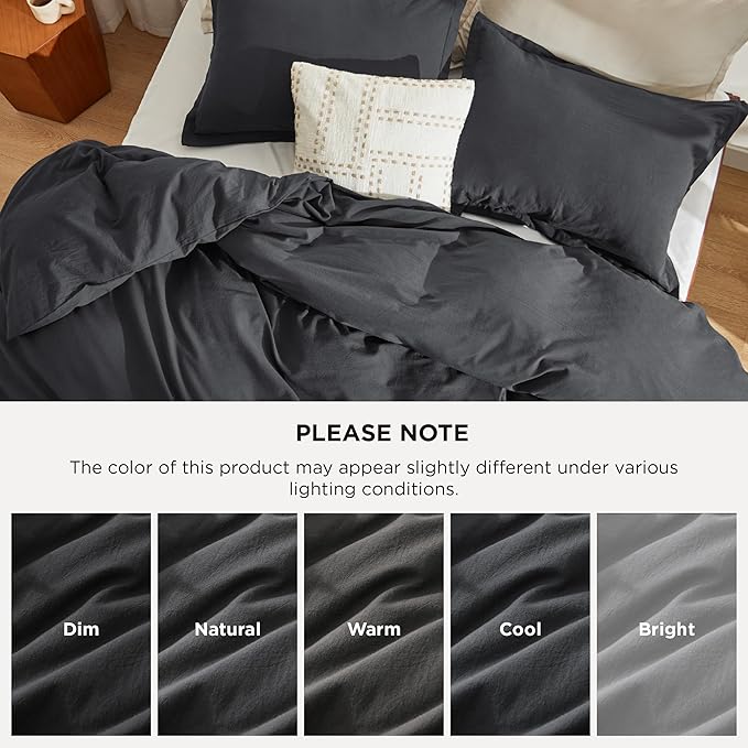 Bedsure 100% Stone Washed Cotton Duvet Cover King - Charcoal Minimalist Cotton Duvet Cover Linen Like for All Seasons - GentleSoft™ Plain Simple Bedding, 3 Pieces (Charcoal, King, 104"x90")