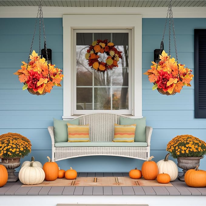 Artificial Faux Maple Leaves Hanging Plants Flowers Basket for Outdoors Autumn Decoration, Silk Maple Leaf Peony Dahlia Look Real Fake Flowers for Porch Outside Patio Balcony Yard Home Garden