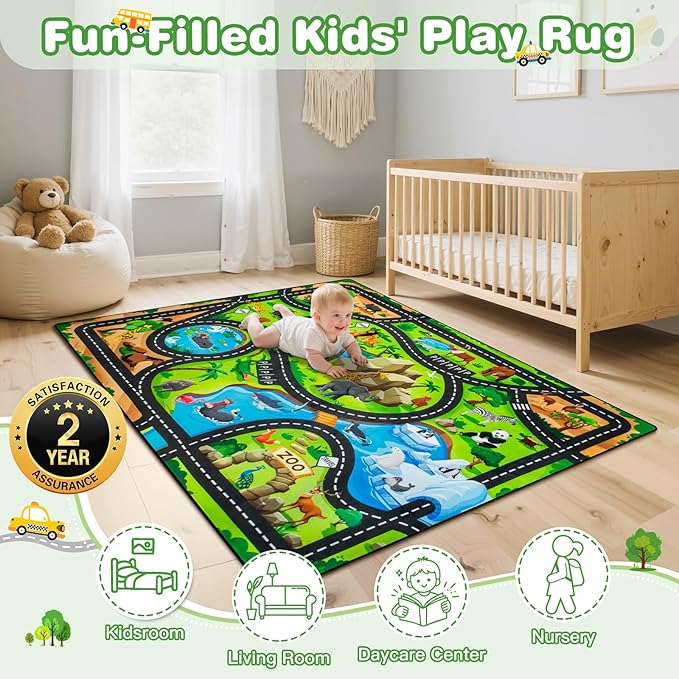 Kids Rug, 3x5 Ft Animal Car Rugs for Kids Toy Cars, Extra Thick (0.4in) - Non-Slip Zoo Road Mat Carpet for Playroom & Bedroom, Educational Learning & Game Area