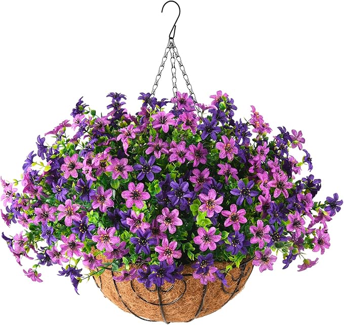 INQCMY Artificial Faux Hanging Flowers Plants Basket for Outdoor Spring Decoration,Fake Silk Colorful Daisy in Planter UV Resistant Realistic for Outside Home Porch Patio Yard Balcony Decor