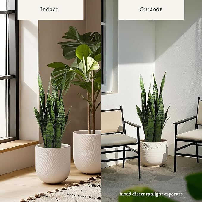 KOL 25.6’’ 2-Pack Artificial Snake Plant, Faux Sansevieria Indoor Plants, 32 Lifelike Leaves, Home Office Garden Room Decor Mother in Law Tongue, 2ft Fake Potted Houseplant, Green