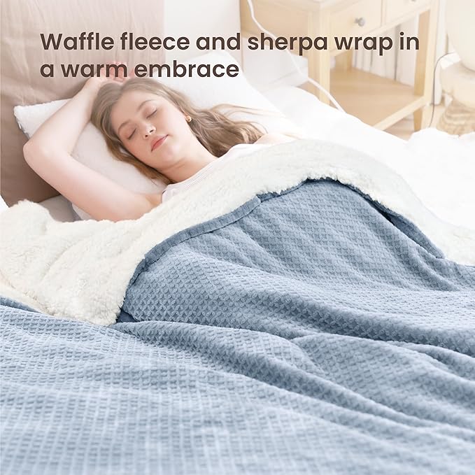 Electric Blanket Striped Twin, 72x84 Inches Sherpa Fleece Fast Heating Blanket 6 Heating Levels & 10 Hours Auto Off ETL Certification,Haze Blue Full