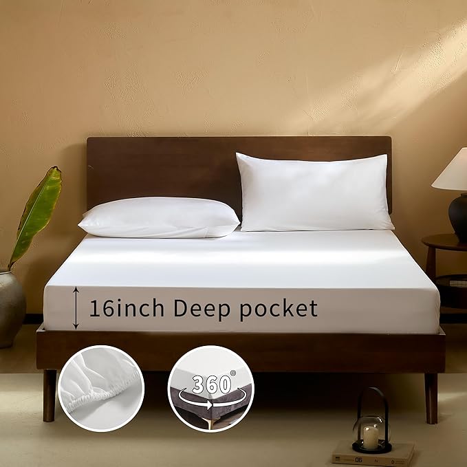 EVERLY California King Sheets Set Luxuriously 400 Thread Count Organic Rayon Derived from Bamboo,Cooling Sheets for California King 4Piece Deep Pockets Bedding Sheets&Pillowcases-White