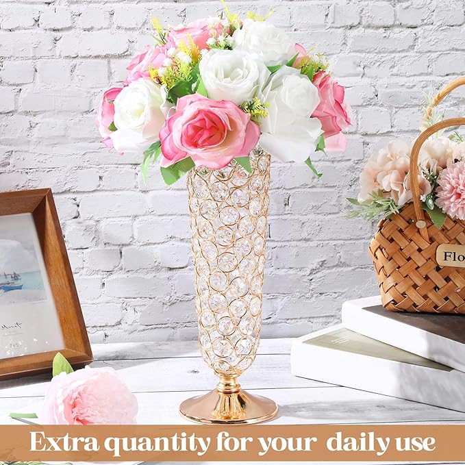 Rtteri 4 Pcs 12 Inch Tall Crystal Vase for Centerpieces Wedding Metal Crystal Trumpet Flower Vase Stand for Table Floor Wedding Party Favor Banquet Celebration, Classic Elegance(Gold)