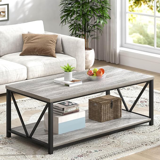 FOLUBAN Coffee Table, Modern Rectangle Living Room Table with Storage Shelf, Rustic Wood and Metal Center Table, Light Grey, 47 Inch
