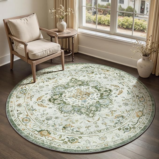 PADOOR-Vintage 6FT Round Rug-Rugs for Living Room-Soft Green Circle Rug-Machine Washable Rugs for Bedroom-Non Slip Carpet-Rug for Dining Room Living Room Bedside Office