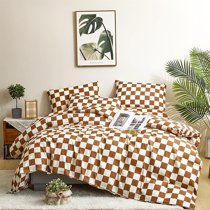 CLOTHKNOW Plaid Comforter Sets Full Pumpkin Beige Grid Bedding Comforter Sets All Season Checker Comforter Soft Brown Beige Comforter with 2 x Pillow Cases