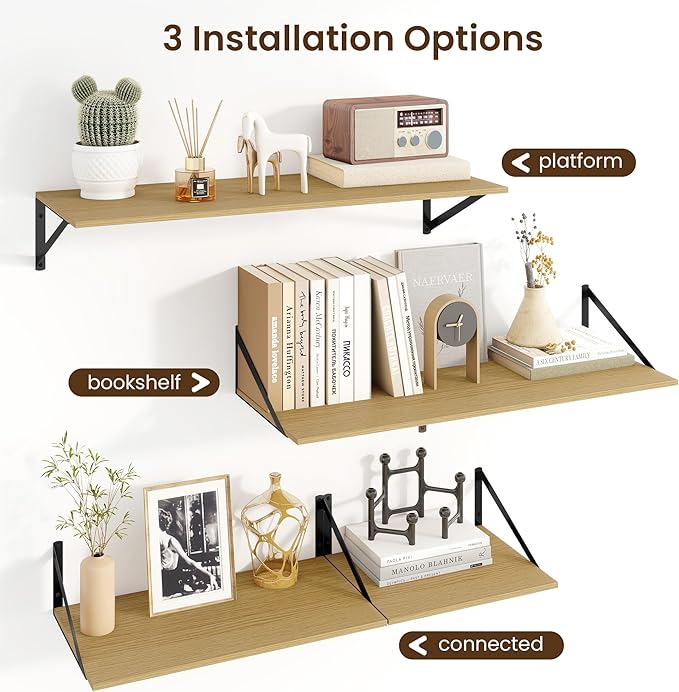 Fun Memories Floating Shelves for Wall, 12 Inch Deep Floating Shelves Set of 2, 36W x 12D Large Wall Shelf with Sturdy Metal Brackets for Living Room, Bathroom, Bedroom and Kitchen, Oak