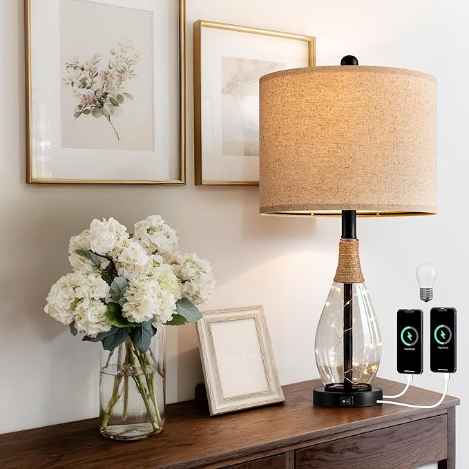 OYEARS 23" Farmhouse Table Lamps for Living Room,Boho Rattan Bedside Lamps with USB-C & USB-A Ports, Glass Nightlight, Dual Light Sources, Black