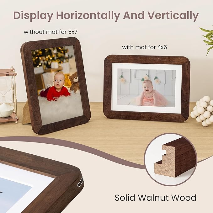 5x7 Picture Frame - Solid Walnut Wood 5 x 7 Photo Frame, 5''x7'' Frame With Mat For 4x6, Tabletop and Wall Display, Hanging Hardware Included, 5 By 7 Picture Frame Wood, Natural Walnut