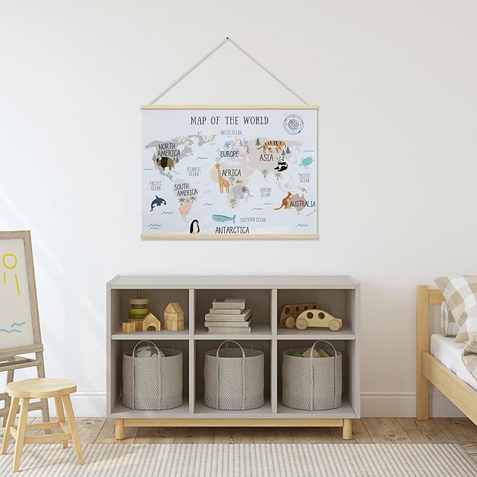 32 x 24 Inch Embroidered World Map Poster for Kids with Wood Hanger – Neutral Wall Décor for Boys and Girls Nursery, Bedroom and Playroom