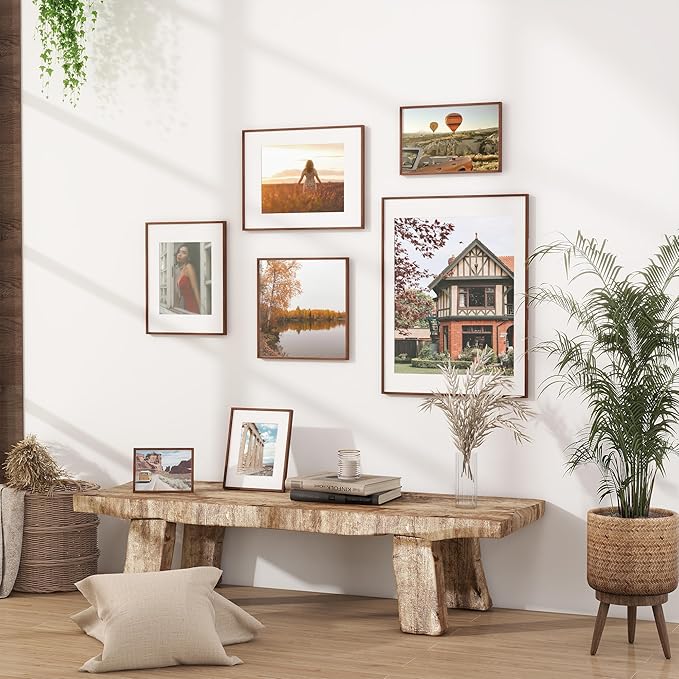 12x12 Picture Frame, Solid Walnut Wood Photo Frame with Tempered Glass, Handcrafted Rounded Corner 12 x 12 Wooden Frame Matted to 8x8 Photos, Horizontal or Vertical Wall Mounting
