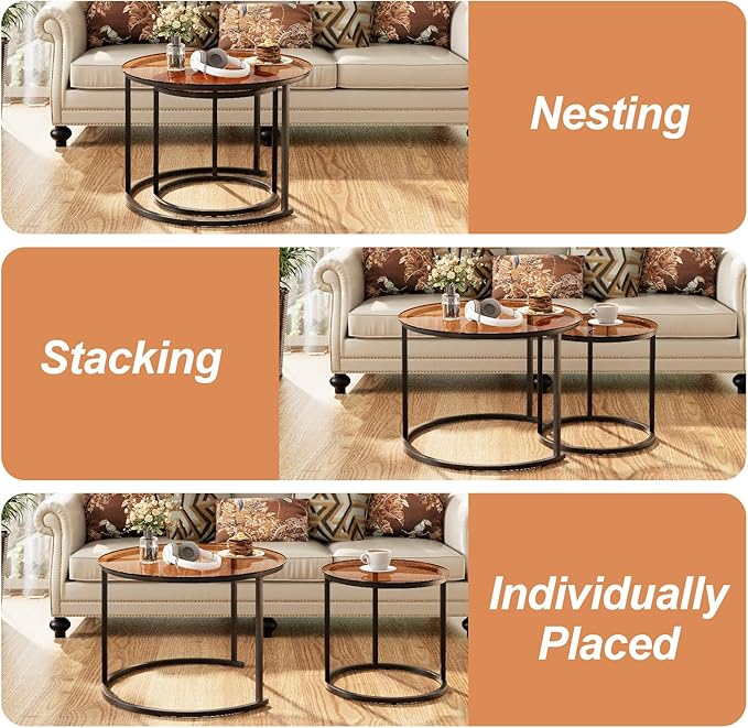 aboxoo Nesting Coffee Table Set of 2, Small Round Glass Nesting Tables for Living Room Bedroom, Accent Tea Table with Metal Frame Modern Industrial Simple
