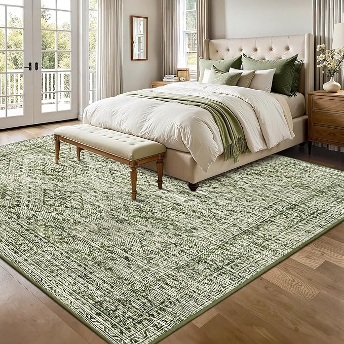MIULEE 8x10 Vintage Washable Area Rugs Living Room Rug Low Pile Boho Farmhouse Floor Mat for Bedroom Dining Room Under Kitchen Table, Non-Slip Stain Resistant Soft Large Carpet for Home Decor, Green