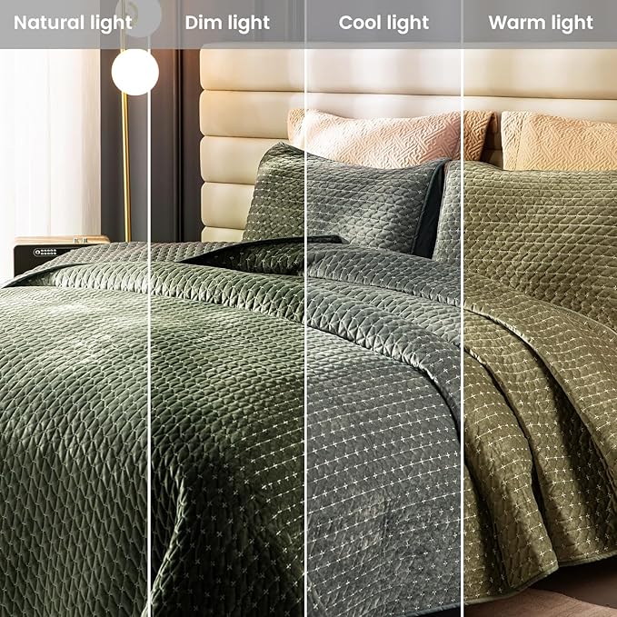Velvet Quilt King,Luxurious Old World Look Cross Stitch Striped Quilted Velvet Comforter Set,Oversized Bedspread Coverlet with Brushed Back,Ultra Soft Cozy Warm for All Season,Grayish Green