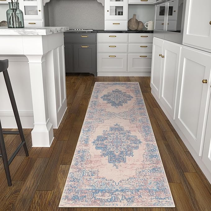 vivorug Runner Rug 2x10 Machine Washable Rug with Non-Slip Backing, Ideal for Kitchen Hallway Entryway Laundry Room - Vintage-Inspired, Durable, Easy Clean, Low Pile Carpet Runner, Pink