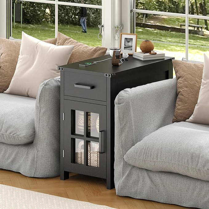 Farmhouse End Table with Charging Station and 1 Storage Cabinet, 1 Drawer, Black Wood Nightstand Narrow, Skinny Side Table, Slim Bedside Table, Small Nightstand for Bedroom, Living Room, Sofa