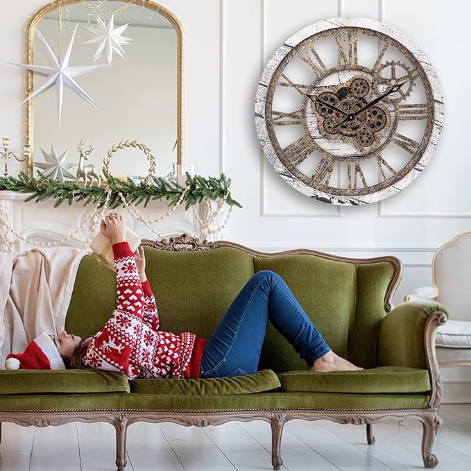 Large 20 Inch Farmhouse Vintage Rustic Moving Gears Oversized Roman Wall Clock for Living Room, Bedroom, Kitchen, Office Decor