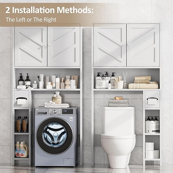 Meilocar Over Toilet Storage Cabinet with Toilet Paper Holder Stand, Freestanding Bathroom Storage Organizer Cabinet Space Saver W/Adjustable Shelf, White