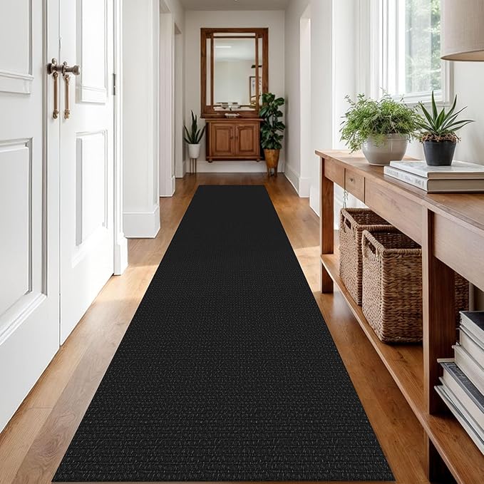 IOHOUZE Washable Runner Rug 2.6x12 Non Slip Rubber Backed Extra Long Hallway Runner Entryway Runner Indoor, Kitchen Rugs Woven Cotton Floor Carpet for Hall Entrance Stair, Black/Grey