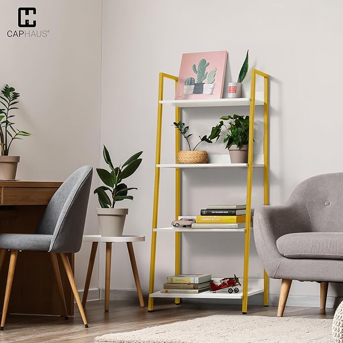 CAPHAUS 4 Tier Ladder Bookshelf, 24 Inch Width Free Standing Shelf, Bookcase Shelf Storage Rack Organizer, Industrial Book Shelves for Home Office, Living Room, Kitchen, White Shelves & Gold Frame
