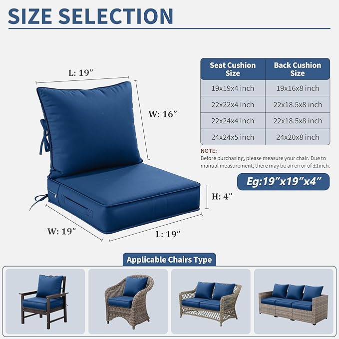 Premium Outdoor Seat Cushion Chair Cushions for Patio Furniture 19 L X 19 W X 4 H Waterproof & Fade Resistant Deep Seat and Backrest Cushion Set with Removable Covers for Chair, Sofa