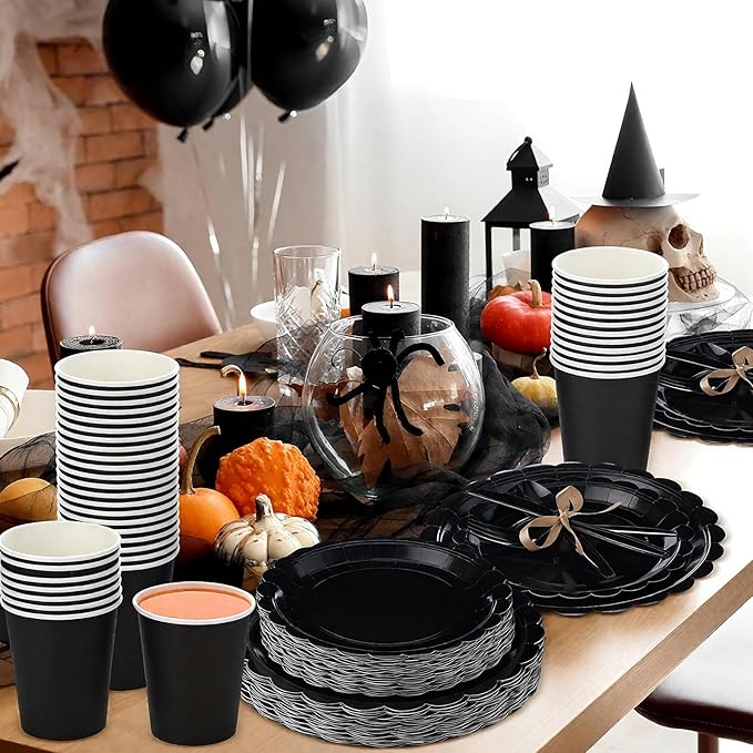 350 Pcs Black Plates and Napkins, 50 Guest Halloween Party Supplies Include Scalloped Paper Plate Napkin Cups Plastic Spoons Forks Knives Disposable Tableware Set for Halloween Day of the Dead
